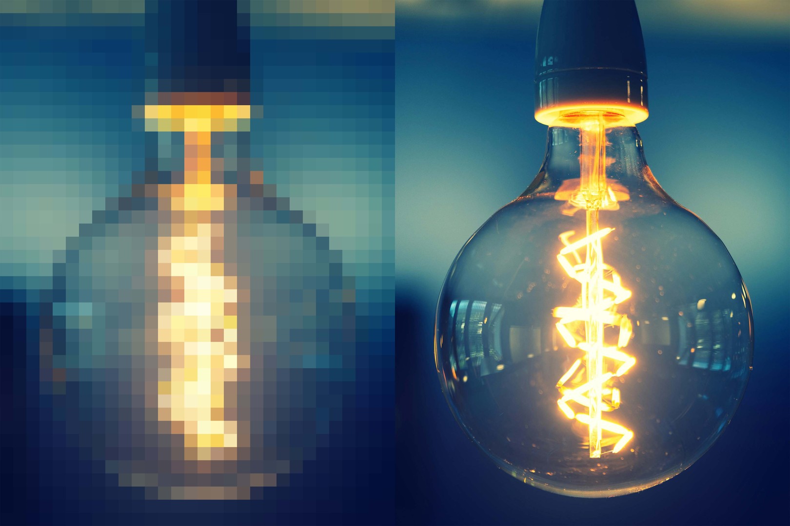 a split image: the left side shows a pixelated image of a light bulb, the right side shows a crisp photo of a light bulb